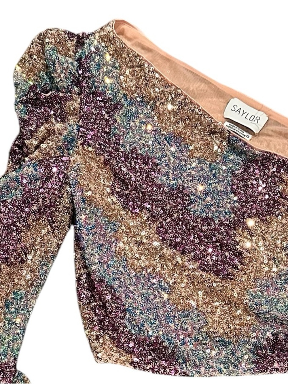 SAYLOR TESS one shoulder cropped long sleeve zigzag sequin stretch top multi XS - Picture 4 of 8